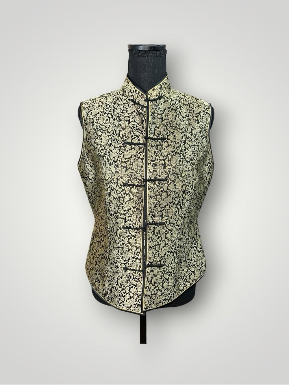 Chinese Brocade Mandarin Collar Vest black and gold
